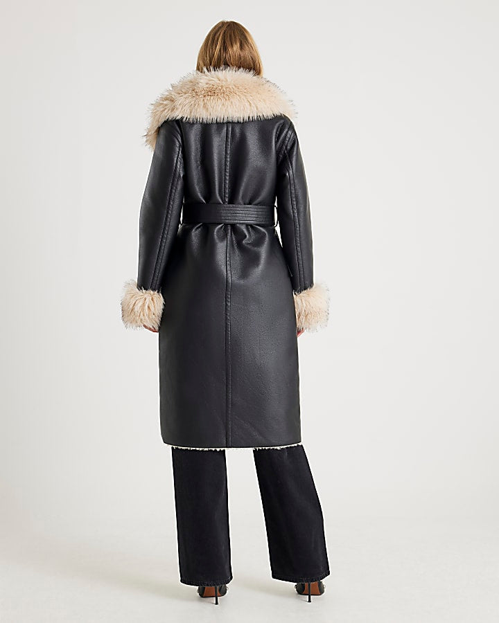 Black Faux Shearling Lined Trench Coat