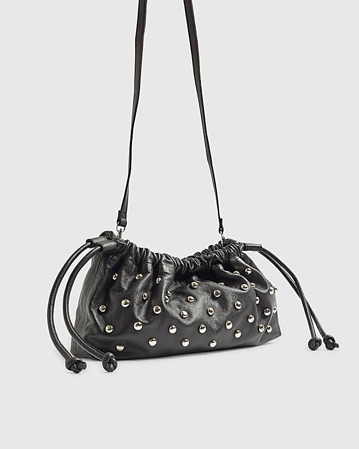 Black Leather Studded crossbody Clutch bag