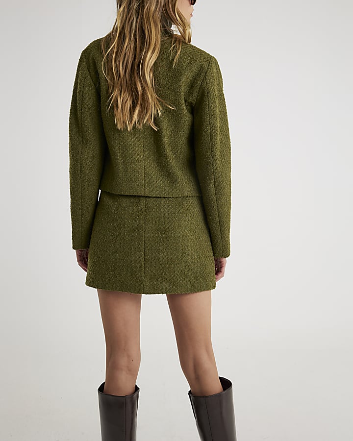 Green Boucle Button Front Mini Skirt | River Island