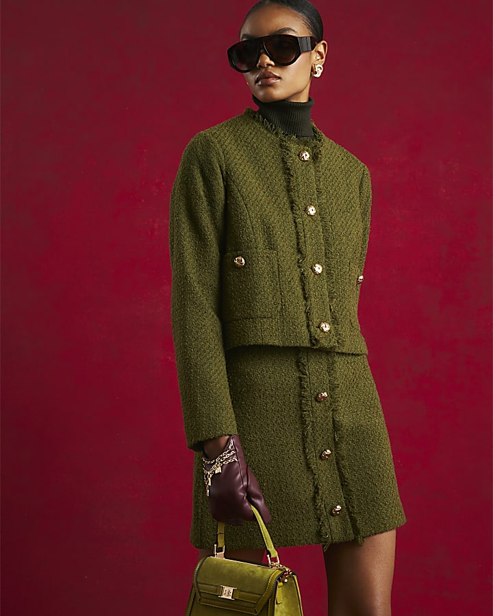 Green Boucle Button Front Mini Skirt | River Island