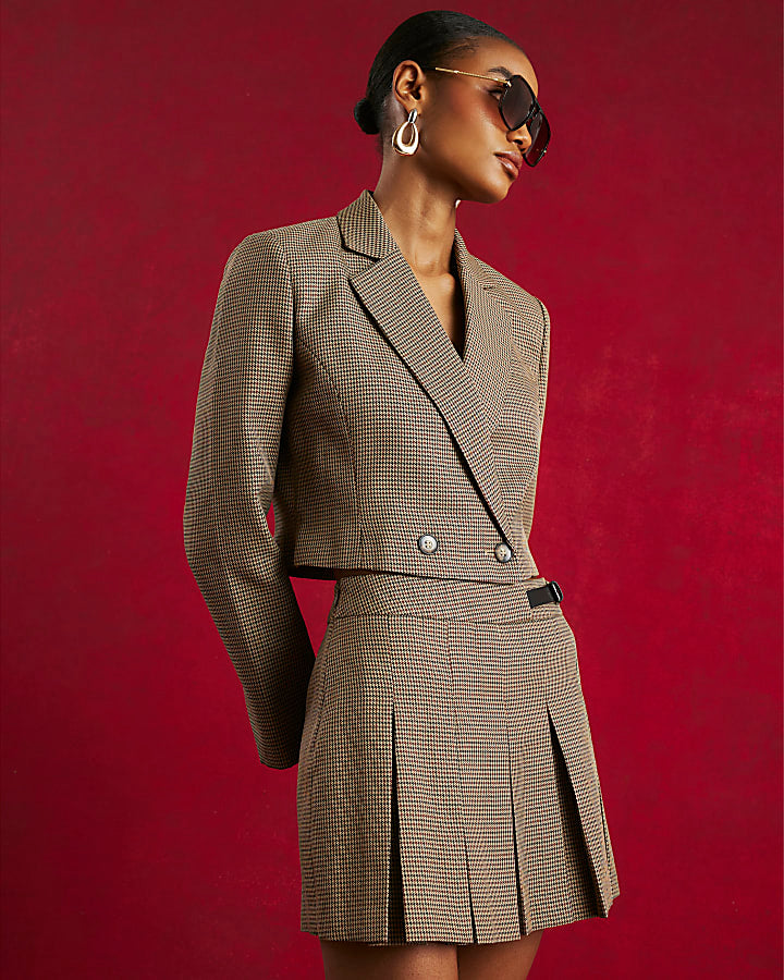 Brown Dogtooth Cropped Blazer