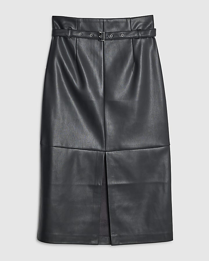 Faux Leather Belted Midi Skirt