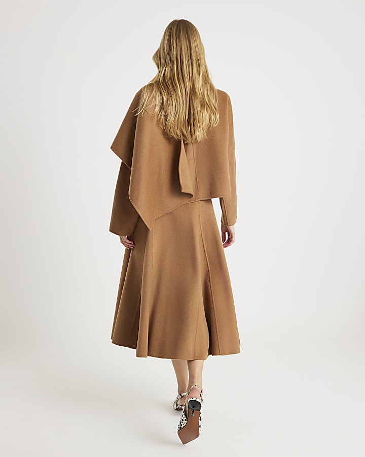 Brown Premium Godet Wool Blend Midi Skirt