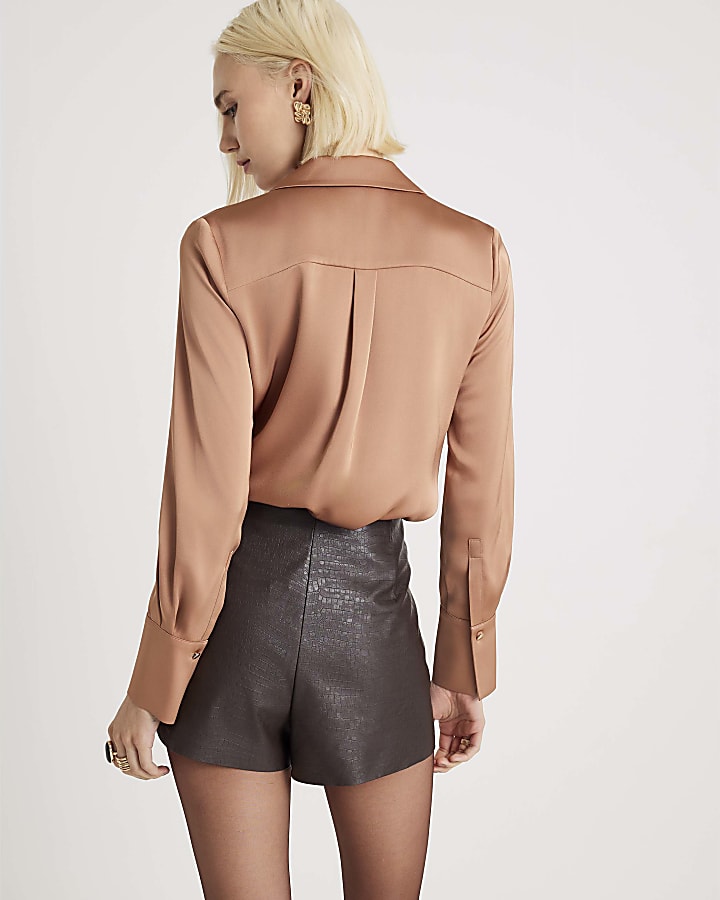 Brown Satin Long Sleeve Slim Fit Shirt