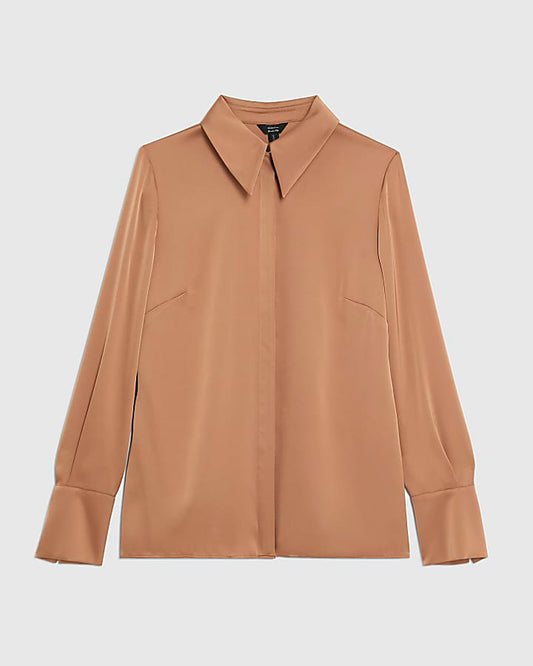 Brown Satin Long Sleeve Slim Fit Shirt