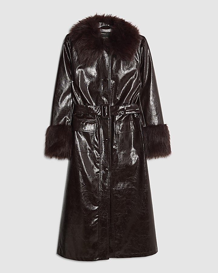 Red Faux Fur Trim Belted Trench Coat