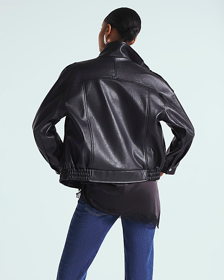 Black Faux Leather Funnel Neck Biker Jacket