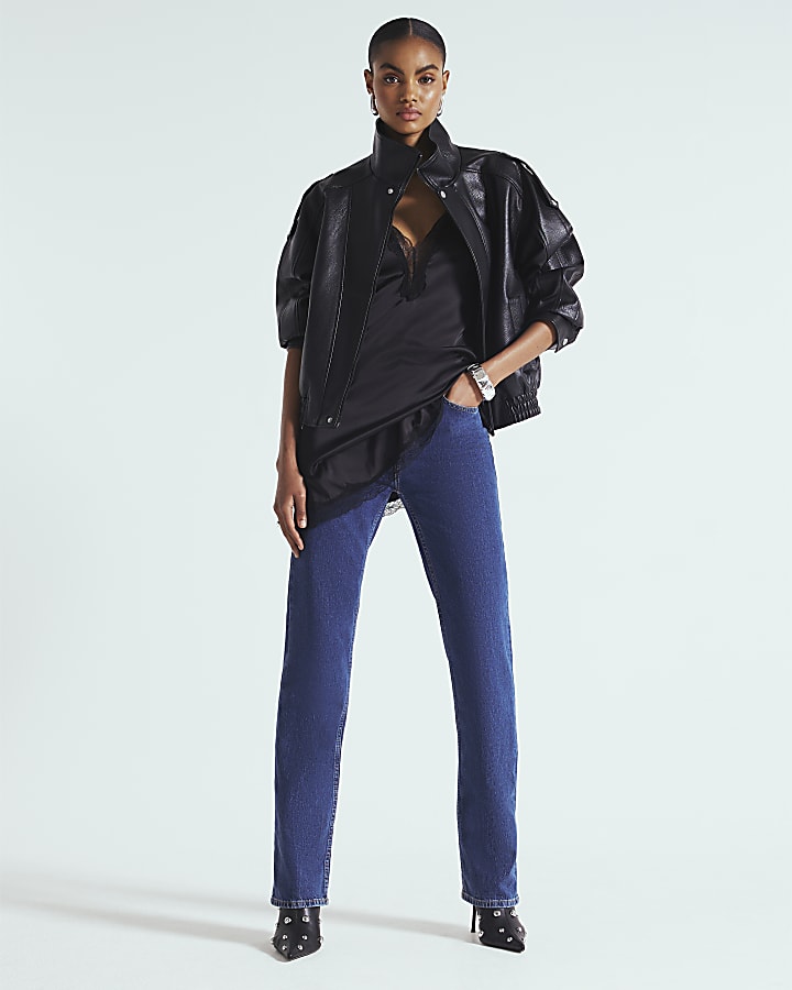 Black Faux Leather Funnel Neck Biker Jacket
