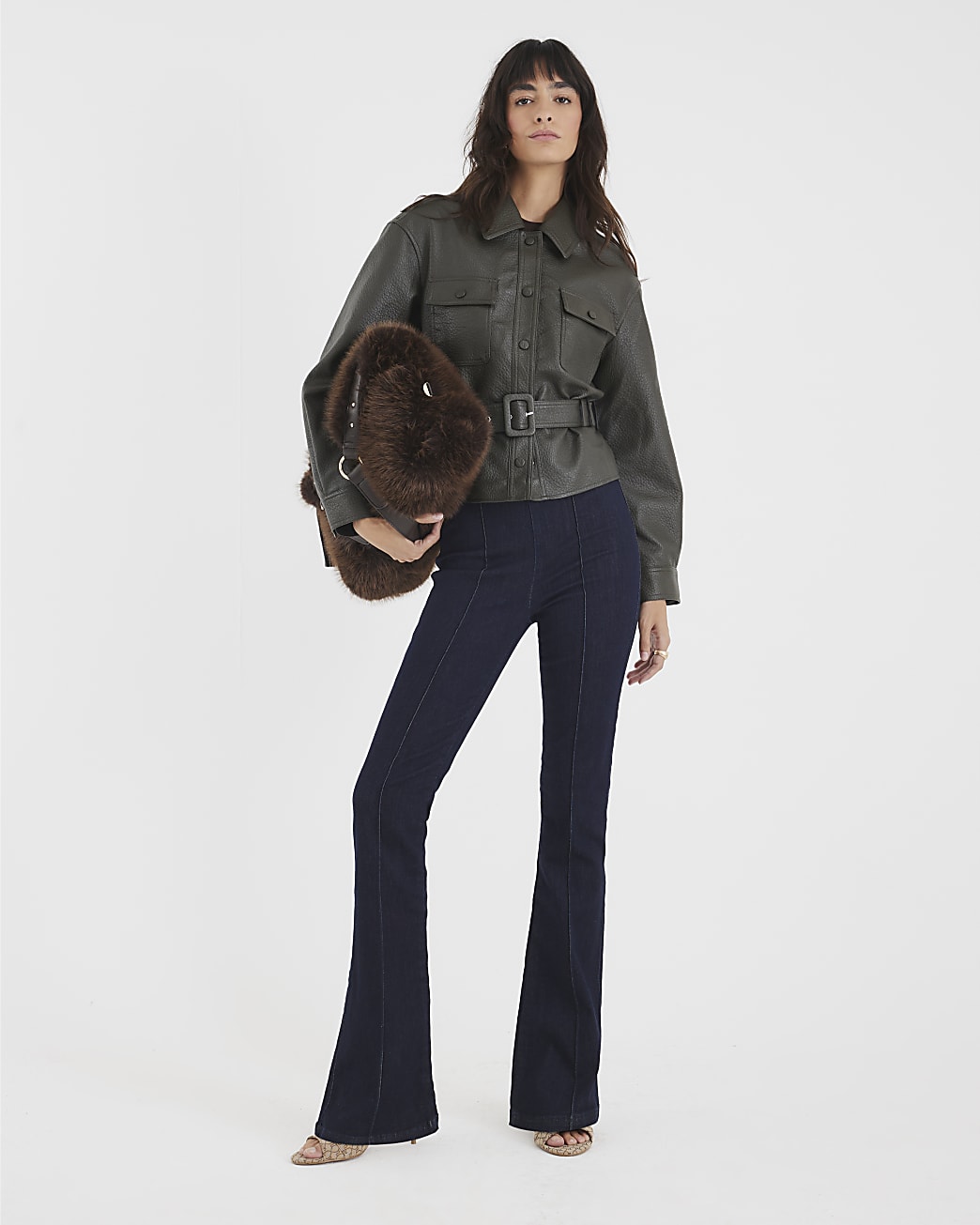 Khaki Faux Leather Belted Long Sleeve Shacket
