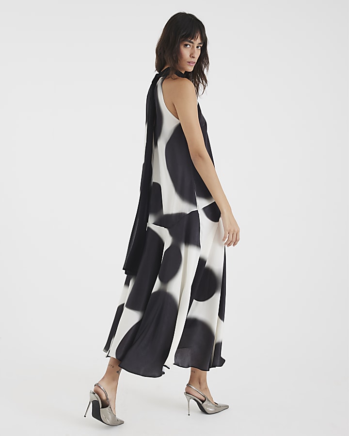 Cream Halter Neck Spot Satin Slip Dress