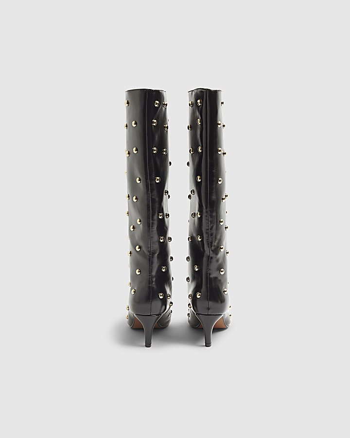Black Faux Leather Studded High Leg Boots