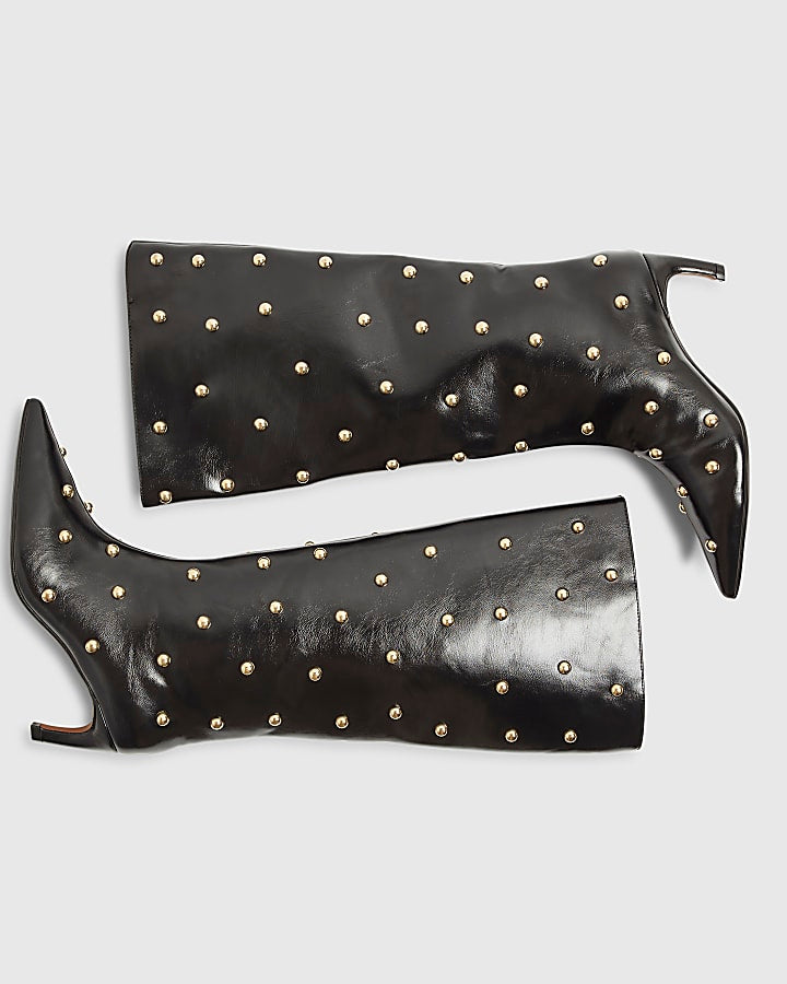 Black Faux Leather Studded High Leg Boots
