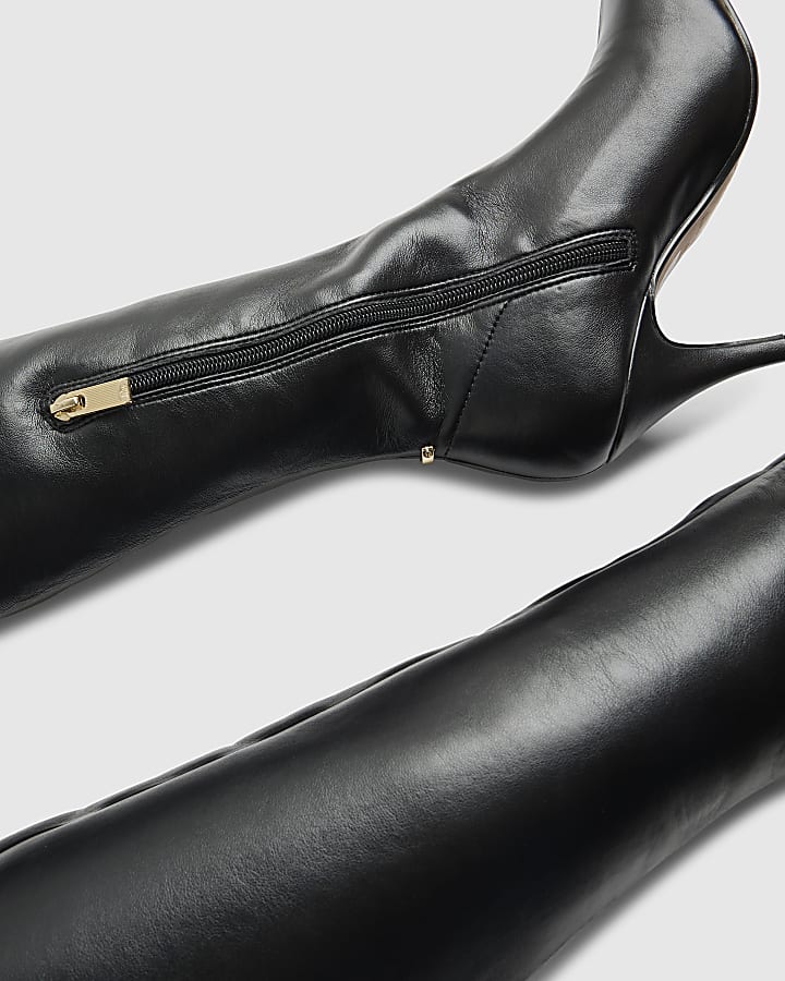 Black Chisel Toe Thigh High Heeled Boots