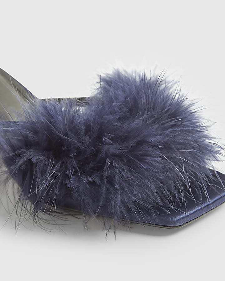 Blue Feather Kitten Heel Mules