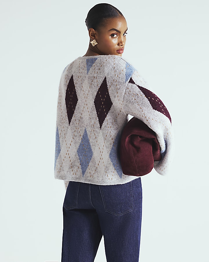 Grey Knitted Argyle Print Cardigan