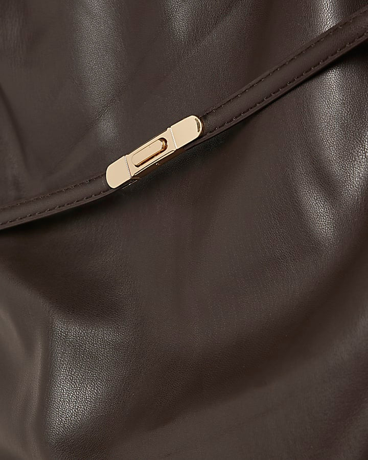 Brown Faux Leather Belted Bandeau Midi Dress