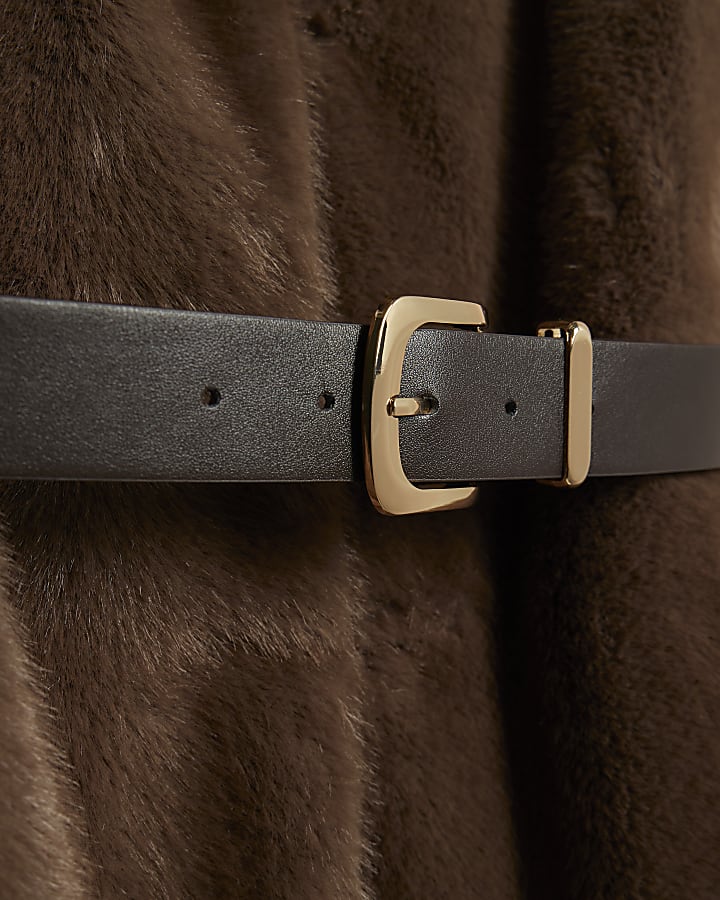 Brown Faux Fur Longline Belted Coat