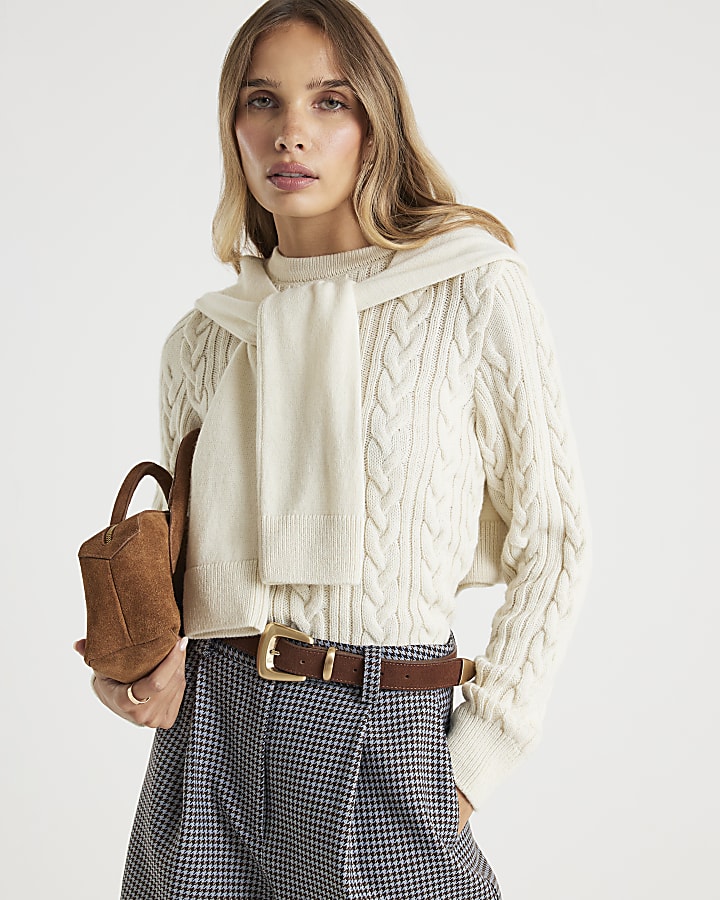 Cream Cable Knit Tie Neck Jumper | River Island