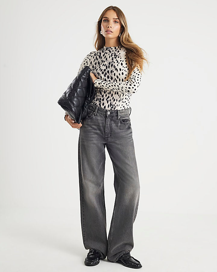 Cream leopard Print Long Sleeve Ribbed Top