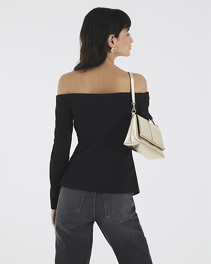 Black Long Sleeve Bardot Button Top