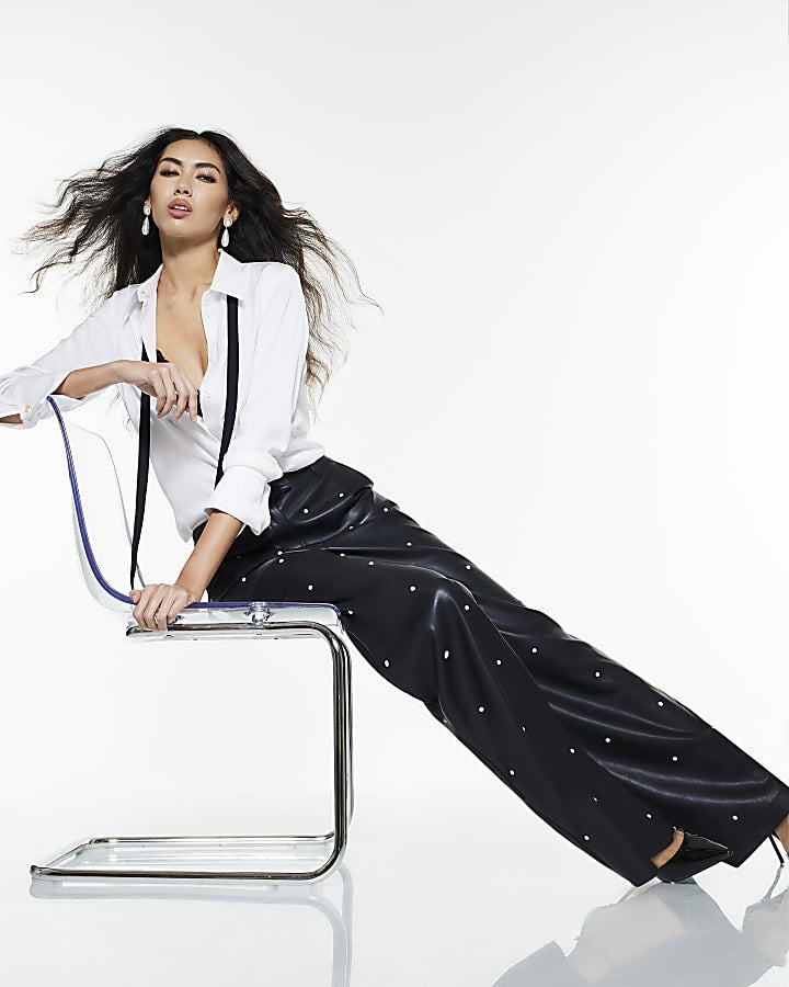 Black Faux Leather Pearl Embellished Trousers