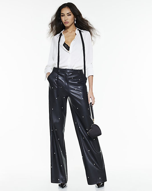 Black Faux Leather Pearl Embellished Trousers