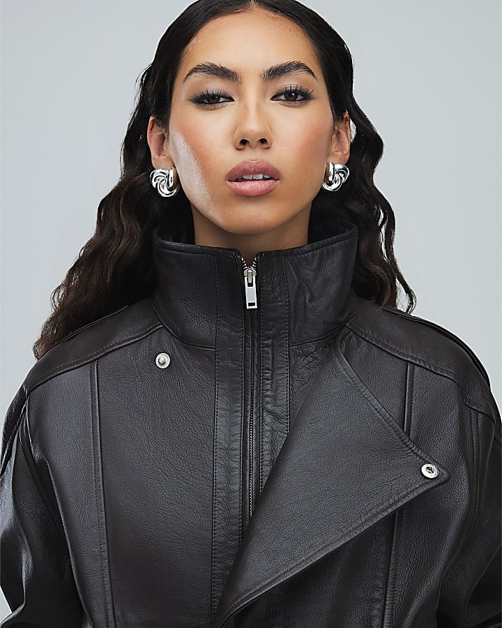 Brown Funnel Neck Leather Bomber Jacket | River Island