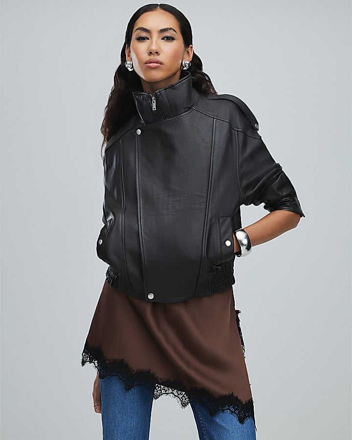 Brown Funnel Neck Leather Bomber Jacket | River Island
