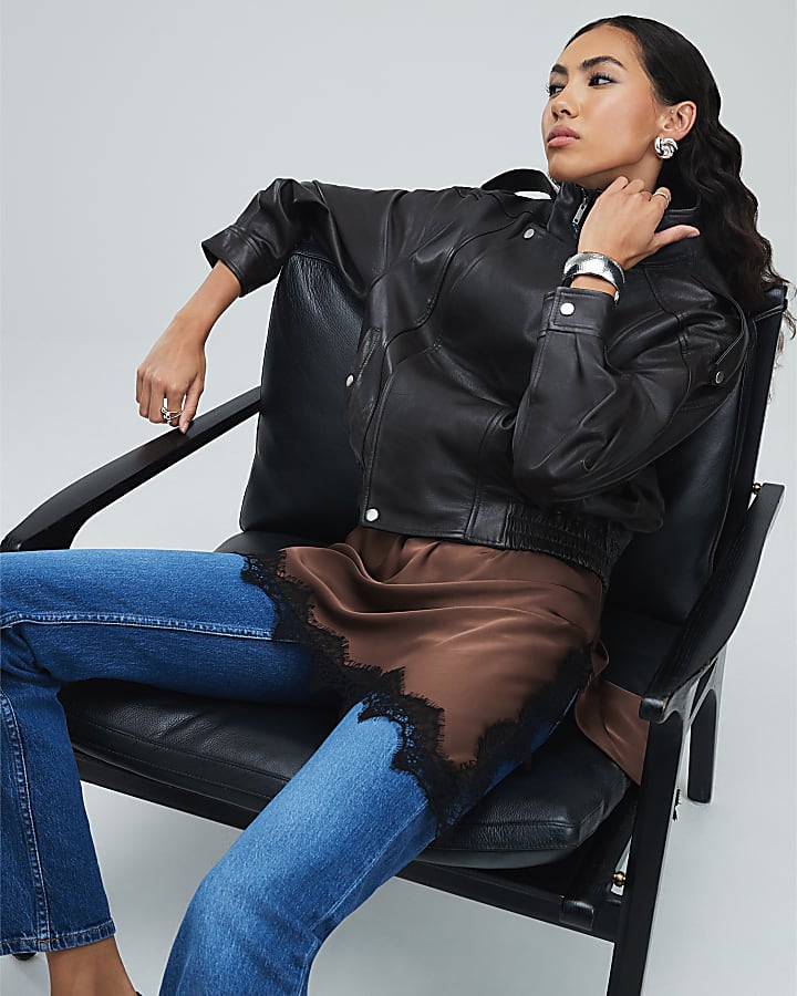 Brown Funnel Neck Leather Bomber Jacket | River Island