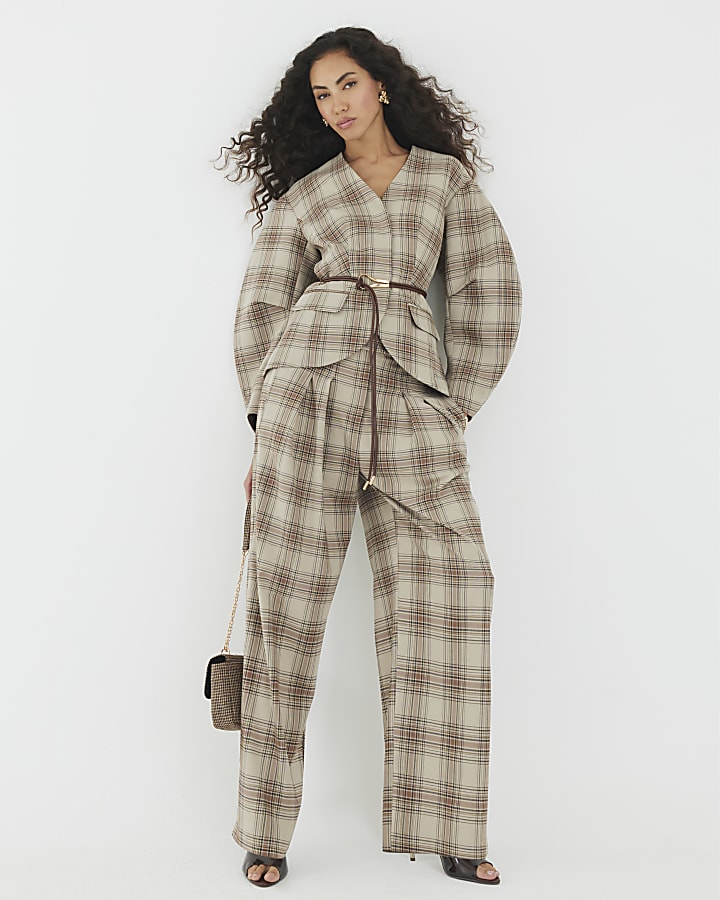 Brown Check Print Cocoon Sleeve Belted Blazer
