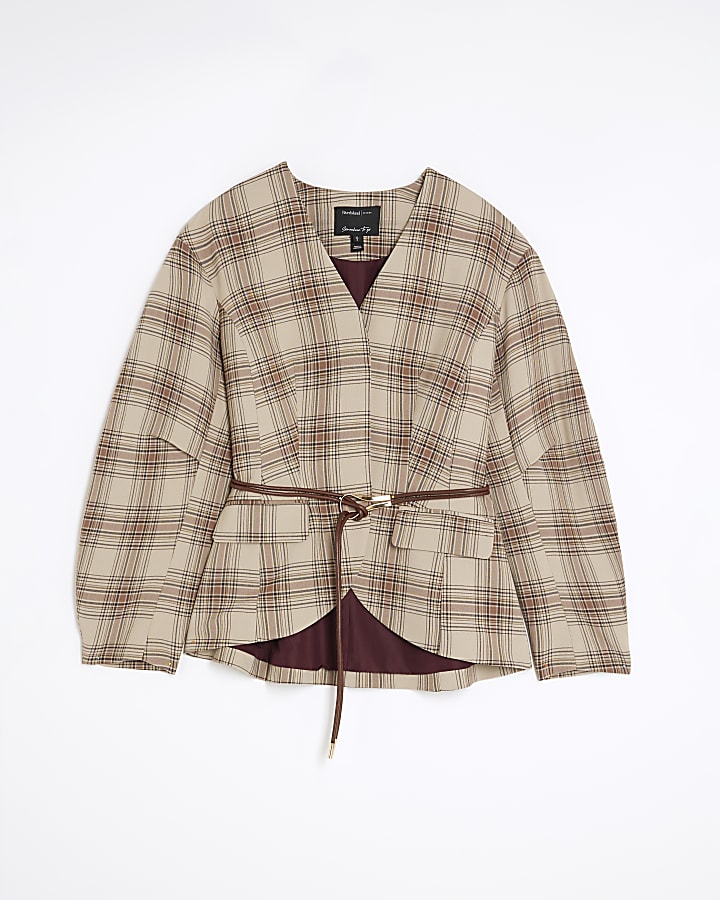 Brown Check Print Cocoon Sleeve Belted Blazer