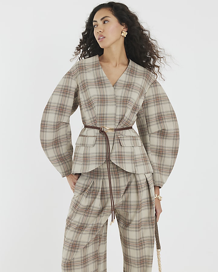 Brown Check Print Cocoon Sleeve Belted Blazer
