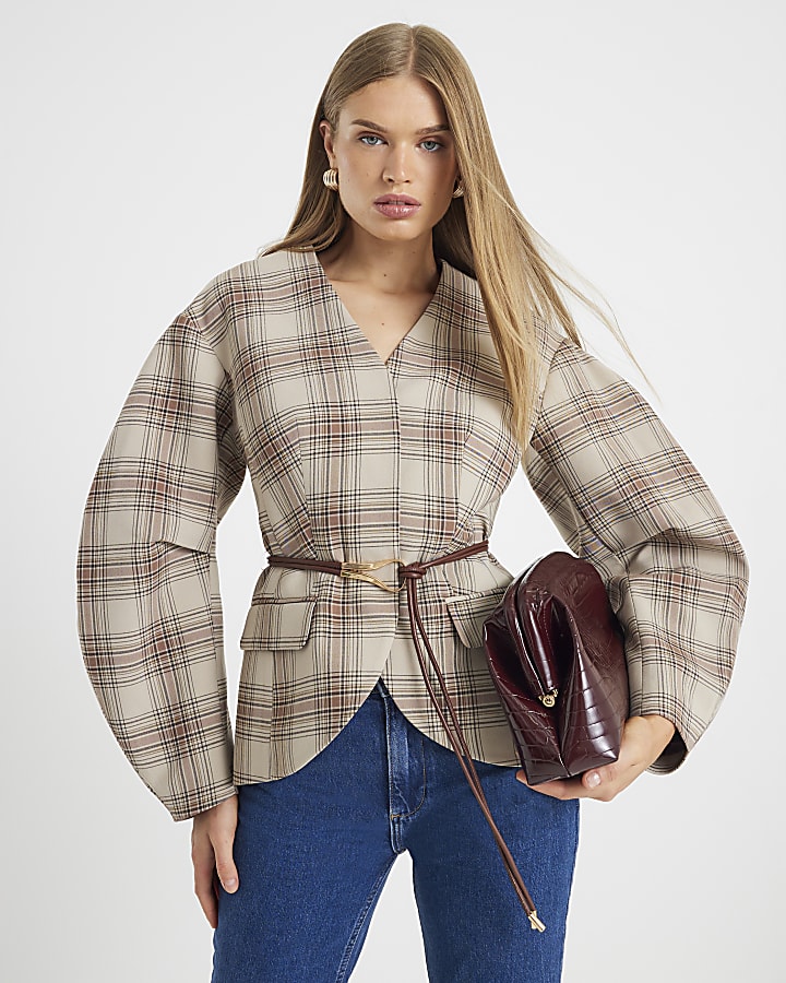 Brown Check Print Cocoon Sleeve Belted Blazer