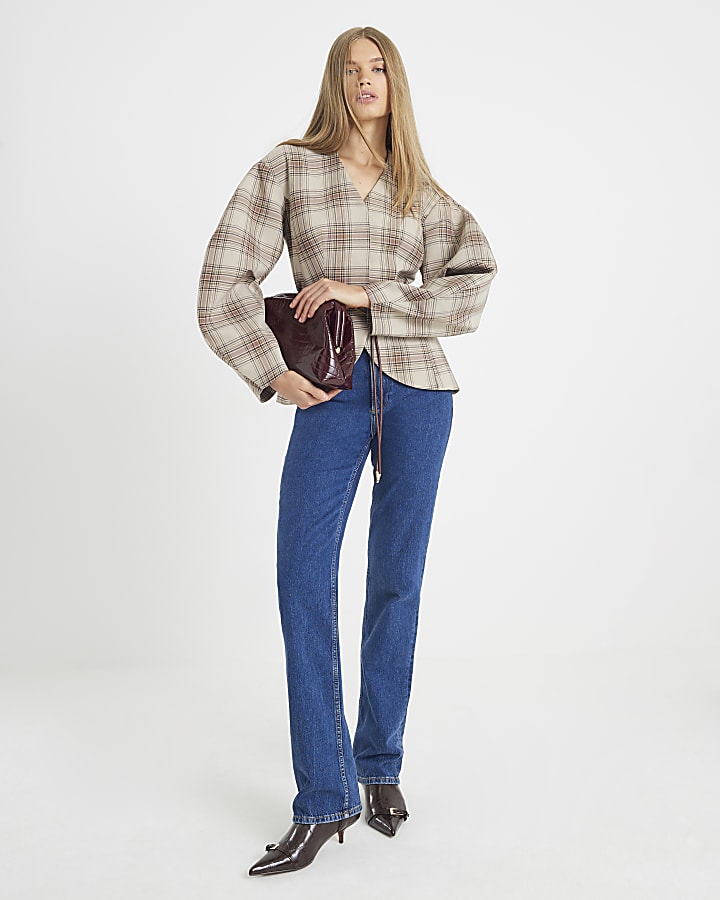 Brown Check Print Cocoon Sleeve Belted Blazer