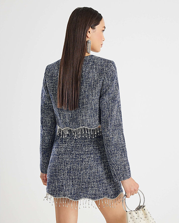 Blue Boucle Cropped Scallop Trim Jacket | River Island