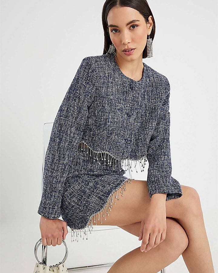 Blue Boucle Cropped Scallop Trim Jacket | River Island