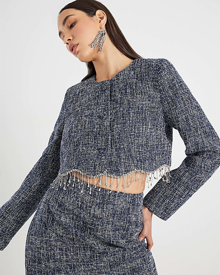 Blue Boucle Cropped Scallop Trim Jacket | River Island