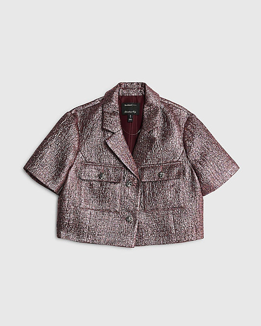 Pink Short Sleeve Metallic Button Up Top
