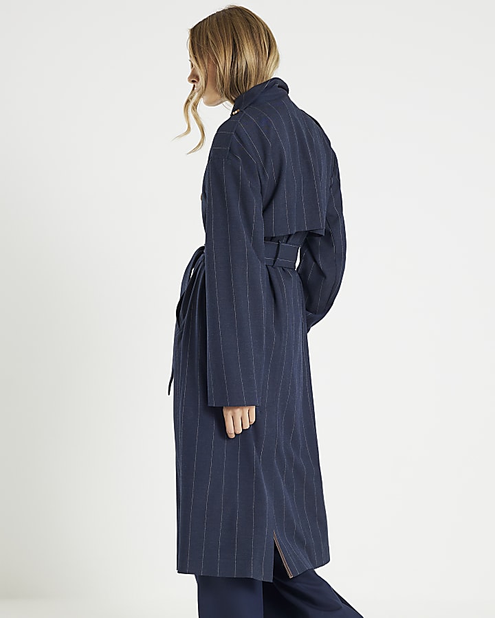 Navy Pinstripe Tailored Trench Coat