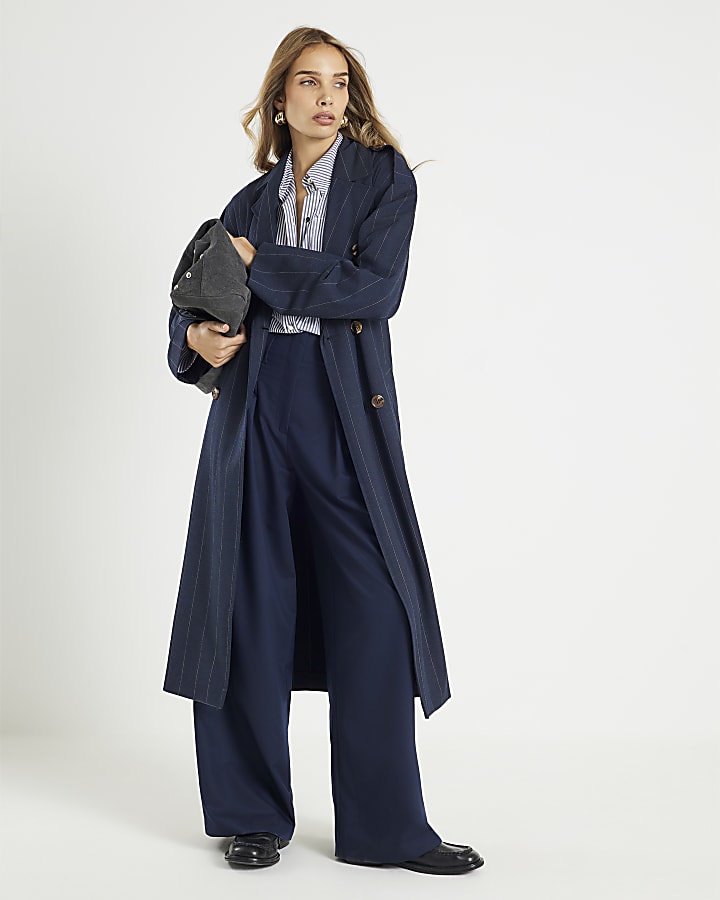 Navy Pinstripe Tailored Trench Coat
