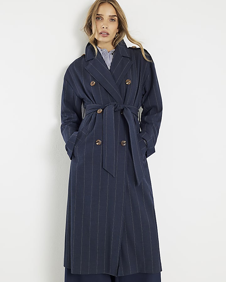 Navy Pinstripe Tailored Trench Coat