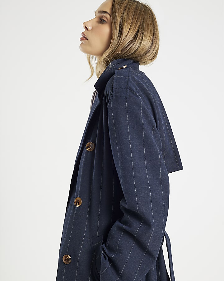 Navy Pinstripe Tailored Trench Coat