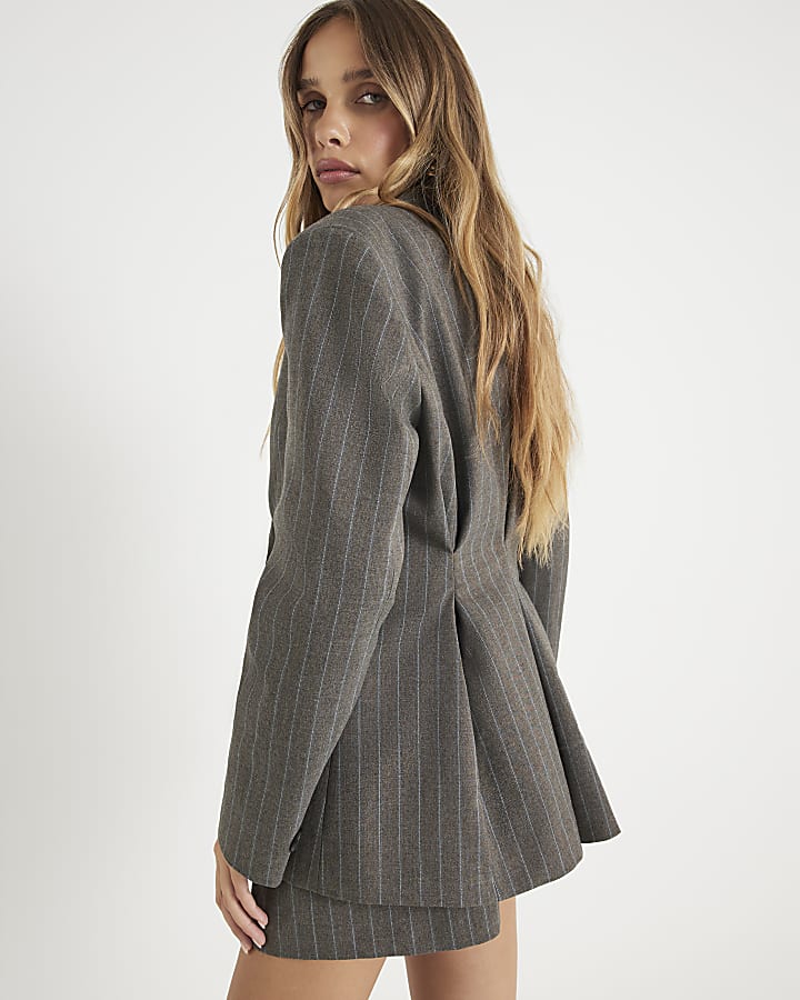 Brown Pinstripe Cinched Blazer