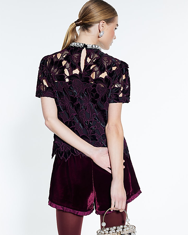 Red Velvet Lace Embellished Top