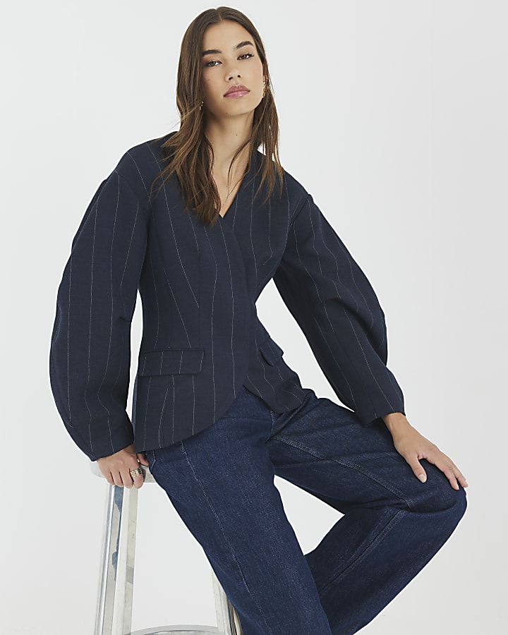 Navy Pinstripe Cocoon Sleeve Blazer