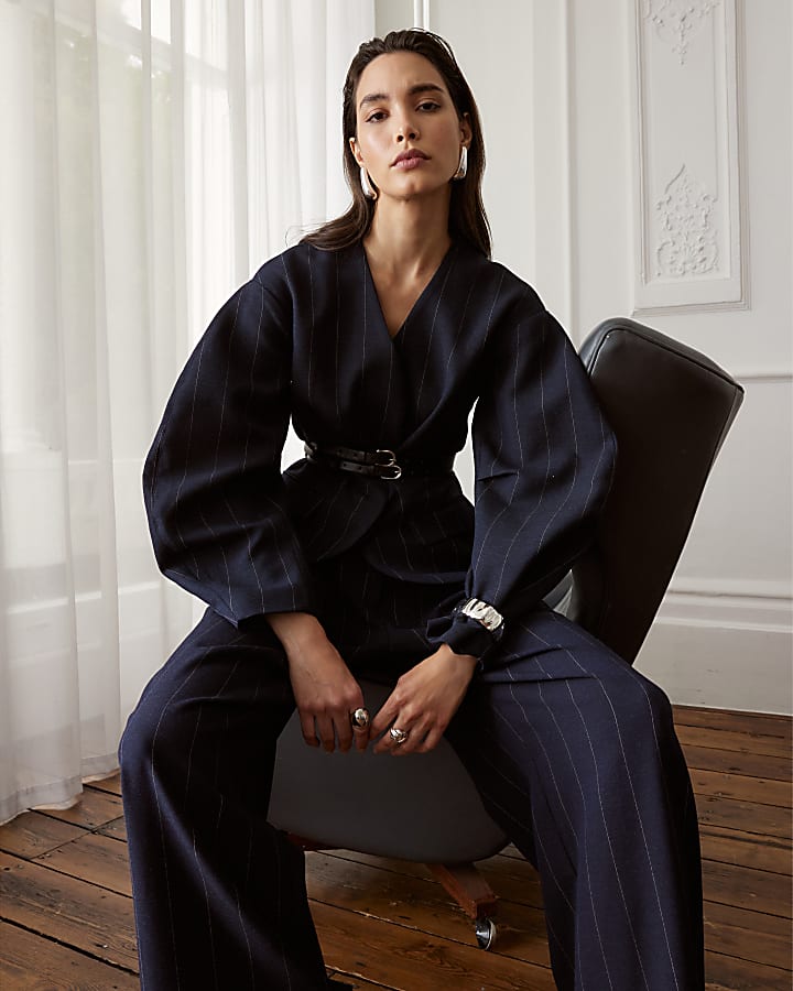 Navy Pinstripe Cocoon Sleeve Blazer