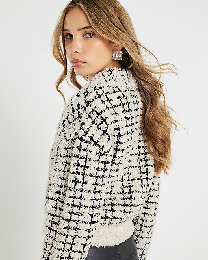 Cream Boucle Knit Pearl Trim Cardigan | River Island