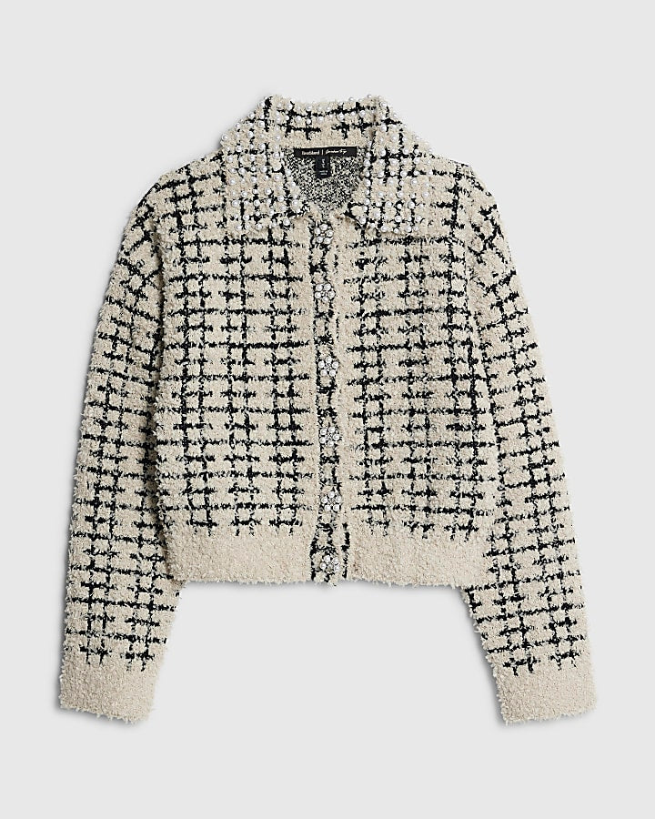 Cream Boucle Knit Pearl Trim Cardigan | River Island