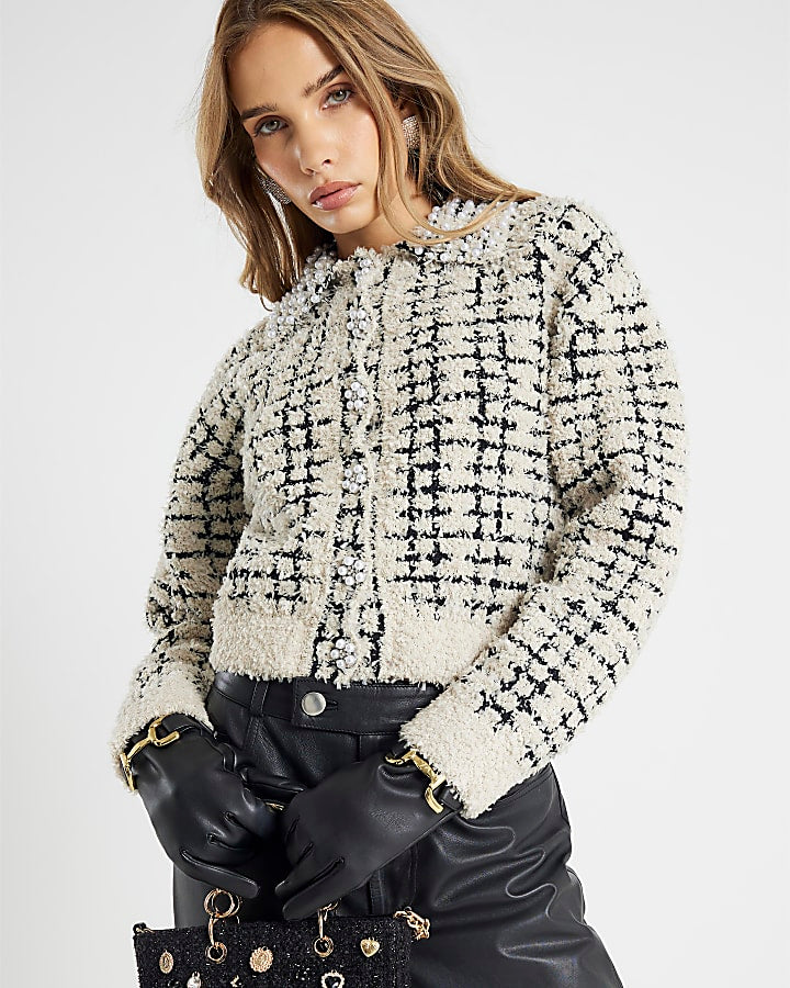 Cream Boucle Knit Pearl Trim Cardigan | River Island