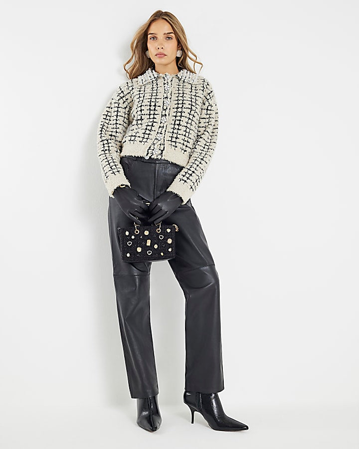Cream Boucle Knit Pearl Trim Cardigan | River Island